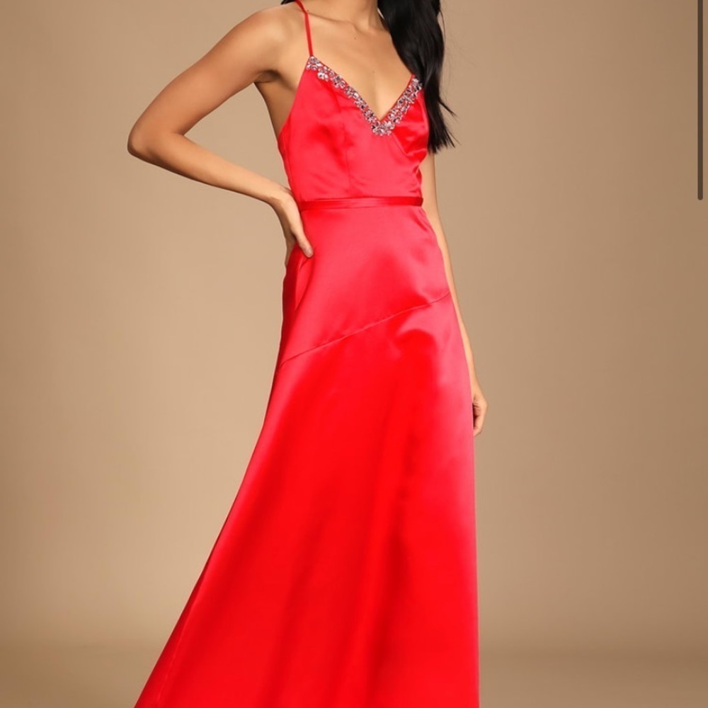 Lulu’s I Rhinestone Satin Maxi Dress